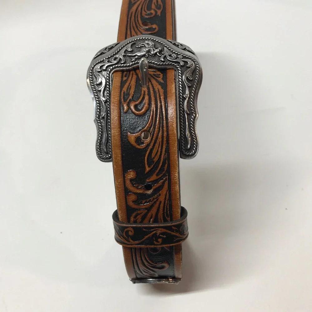 Kids‎ Western Tony Llama Tooled Leather Belt Brown Black Silver Buckle Floral